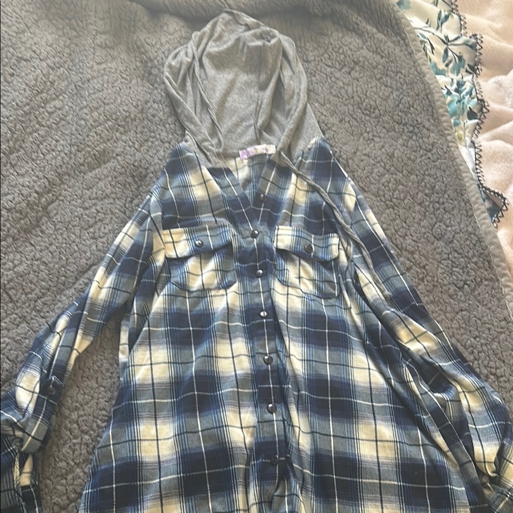 Plaid Hooded Kids Shirt - Blue and Gray
